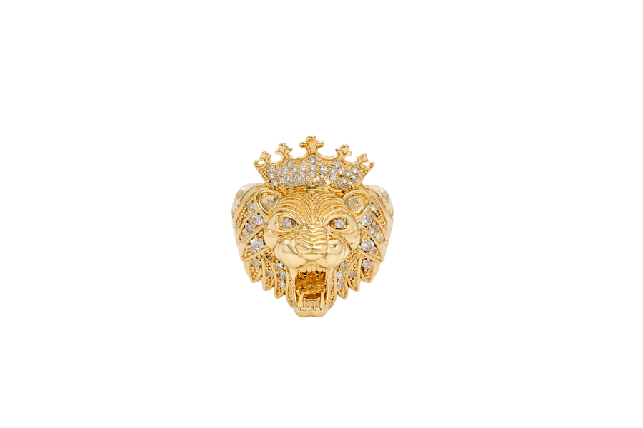 14KT Gold Ring Men's Crowned Lion Head with White CZ Stones Crown and Fur Top