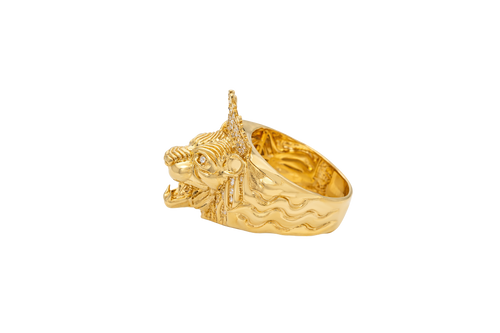 14KT Gold Ring Men's Crowned Lion Head with White CZ Stones Crown and Fur Top