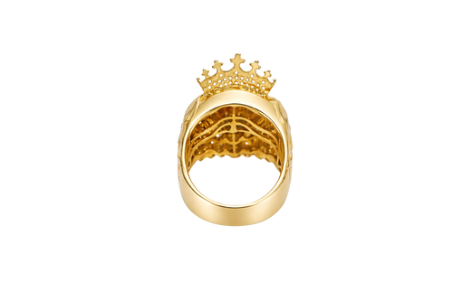 14KT Gold Ring Men's Crowned Lion Head with White CZ Stones Crown and Fur Top