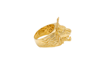 14KT Gold Ring Men's Crowned Lion Head with White CZ Stones Crown and Fur Top