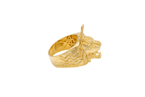 14KT Gold Ring Men's Crowned Lion Head with White CZ Stones Crown and Fur Top