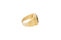 14KT Gold Ring Men's Oval Onyx Masonic Symbol White CZ Stones Border Side Design Chrome Style Cross