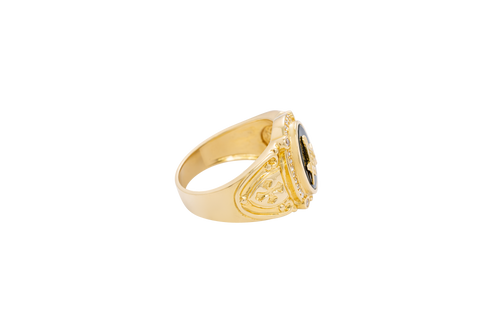 14KT Gold Ring Men's Oval Onyx Masonic Symbol White CZ Stones Border Side Design Chrome Style Cross