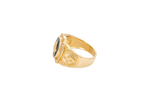 14KT Gold Ring Men's Oval Onyx Masonic Symbol White CZ Stones Border Side Design Chrome Style Cross