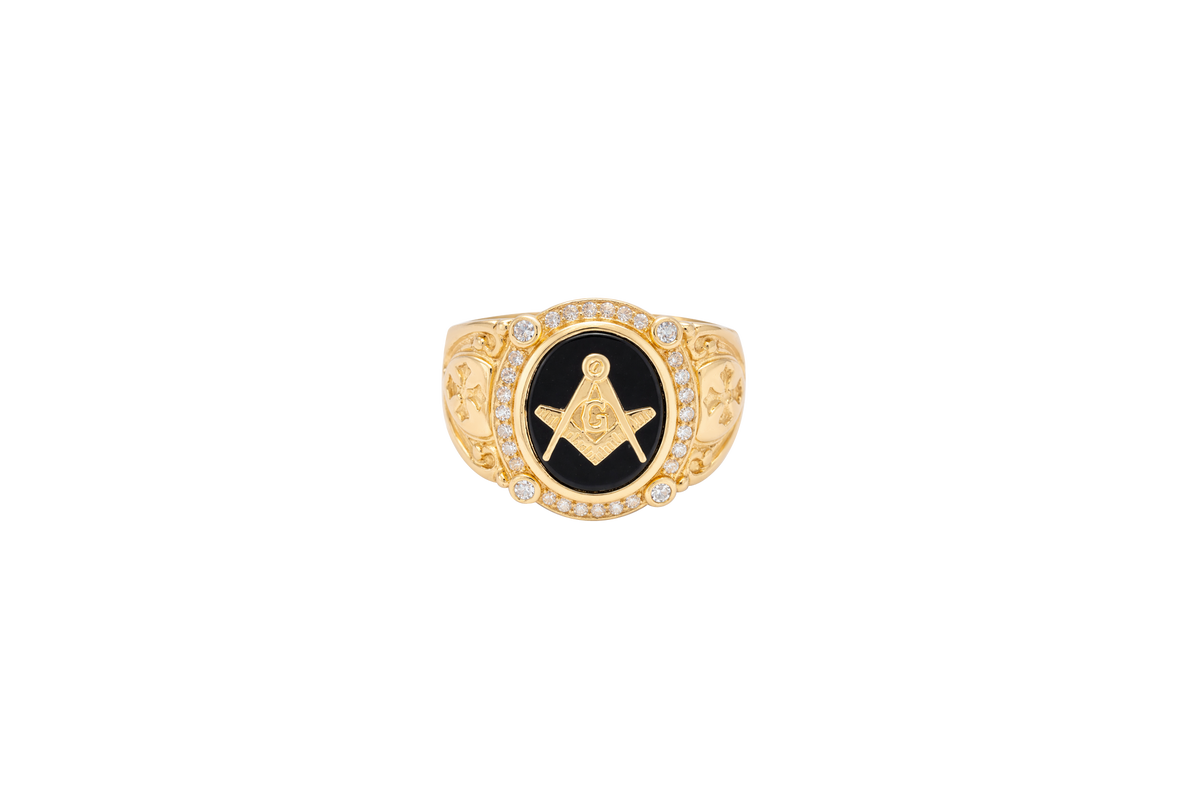 14KT Gold Ring Men's Oval Onyx Masonic Symbol White CZ Stones Border Side Design Chrome Style Cross