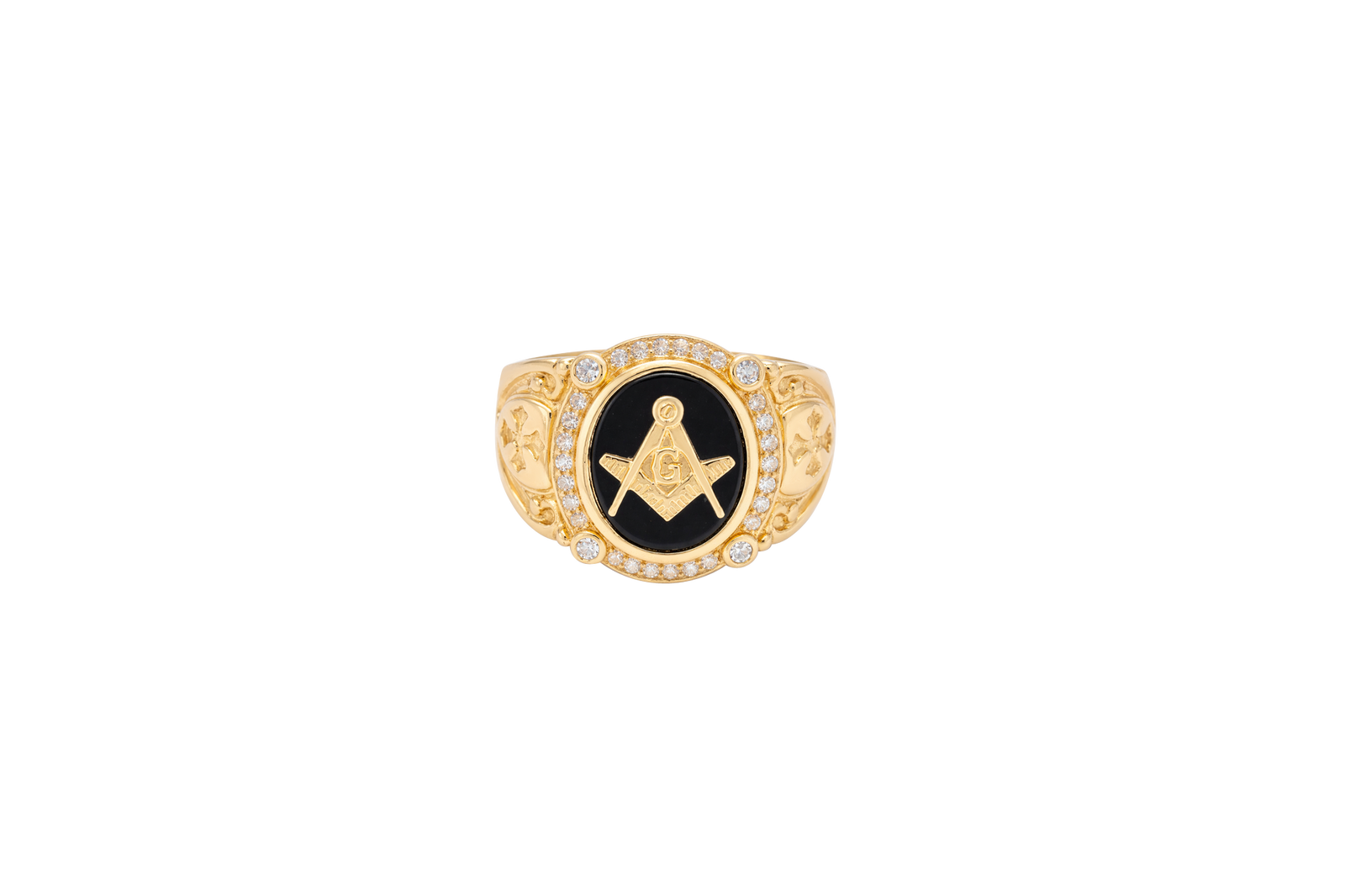 14KT Gold Ring Men's Oval Onyx Masonic Symbol White CZ Stones Border Side Design Chrome Style Cross