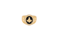 14KT Gold Ring Men's Oval Onyx Masonic Symbol White CZ Stones Border Side Design Chrome Style Cross