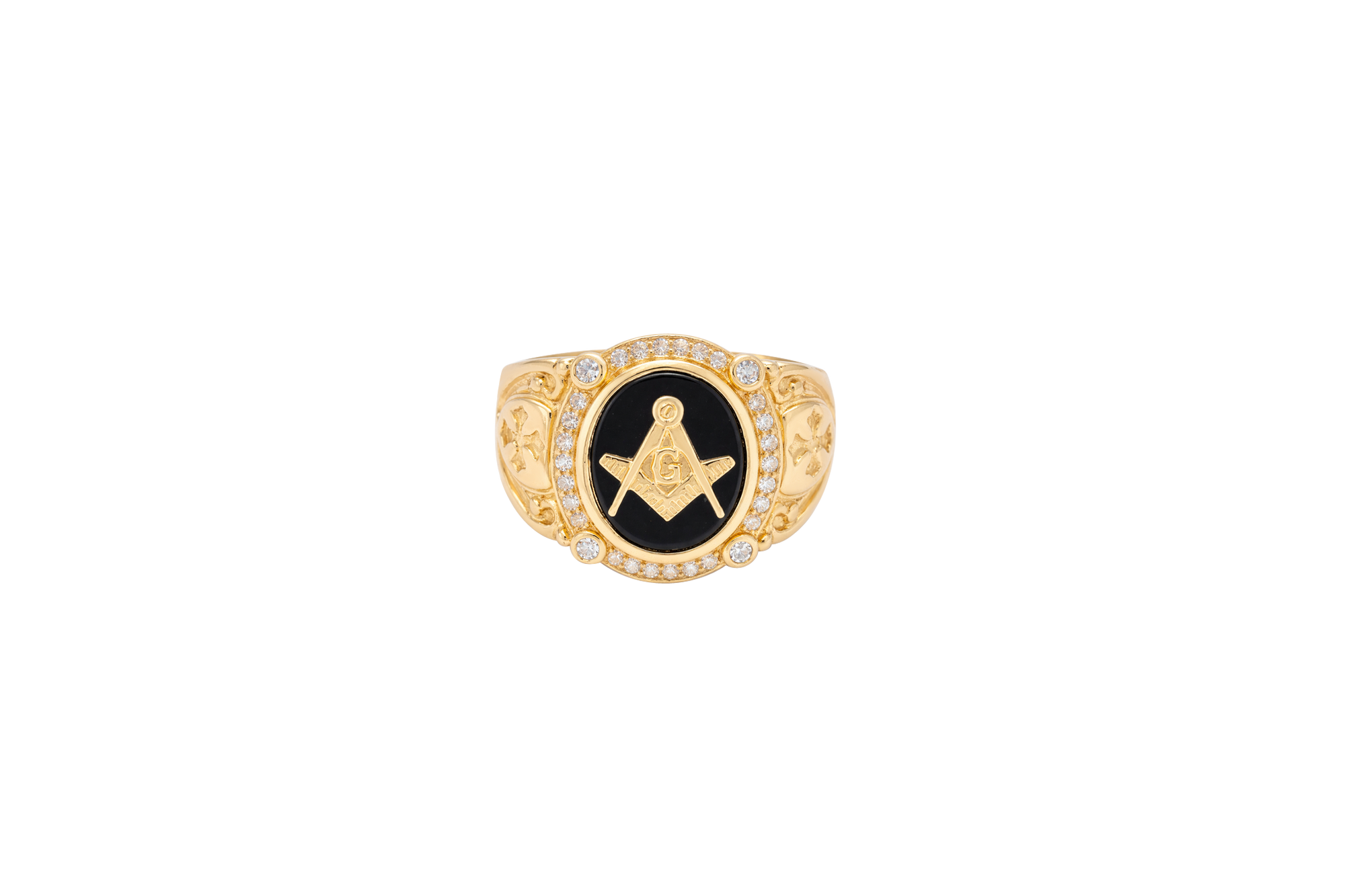 14KT Gold Ring Men's Oval Onyx Masonic Symbol White CZ Stones Border Side Design Chrome Style Cross