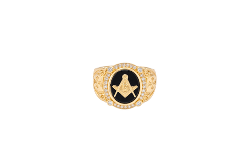 14KT Gold Ring Men's Oval Onyx Masonic Symbol White CZ Stones Border Side Design Chrome Style Cross