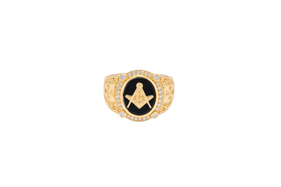 14KT Gold Ring Men's Oval Onyx Masonic Symbol White CZ Stones Border Side Design Chrome Style Cross