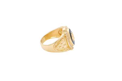 14KT Gold Ring Men's Oval Onyx Medusa Head White CZ Stones Border Side Design Chrome Style Cross