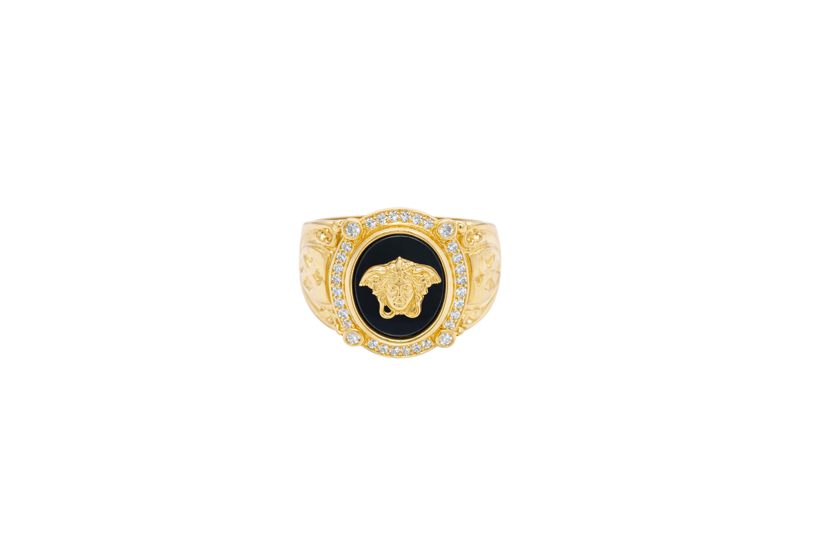 14KT Gold Ring Men's Oval Onyx Medusa Head White CZ Stones Border Side Design Chrome Style Cross