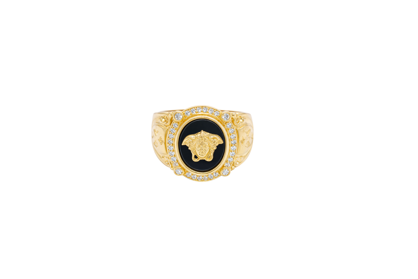 14KT Gold Ring Men's Oval Onyx Medusa Head White CZ Stones Border Side Design Chrome Style Cross