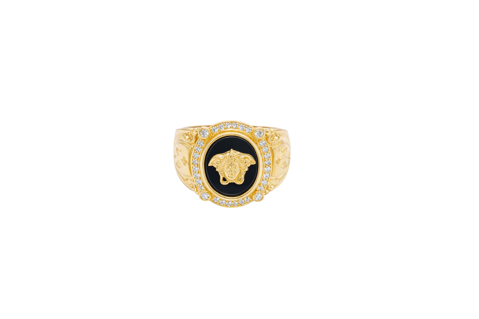14KT Gold Ring Men's Oval Onyx Medusa Head White CZ Stones Border Side Design Chrome Style Cross