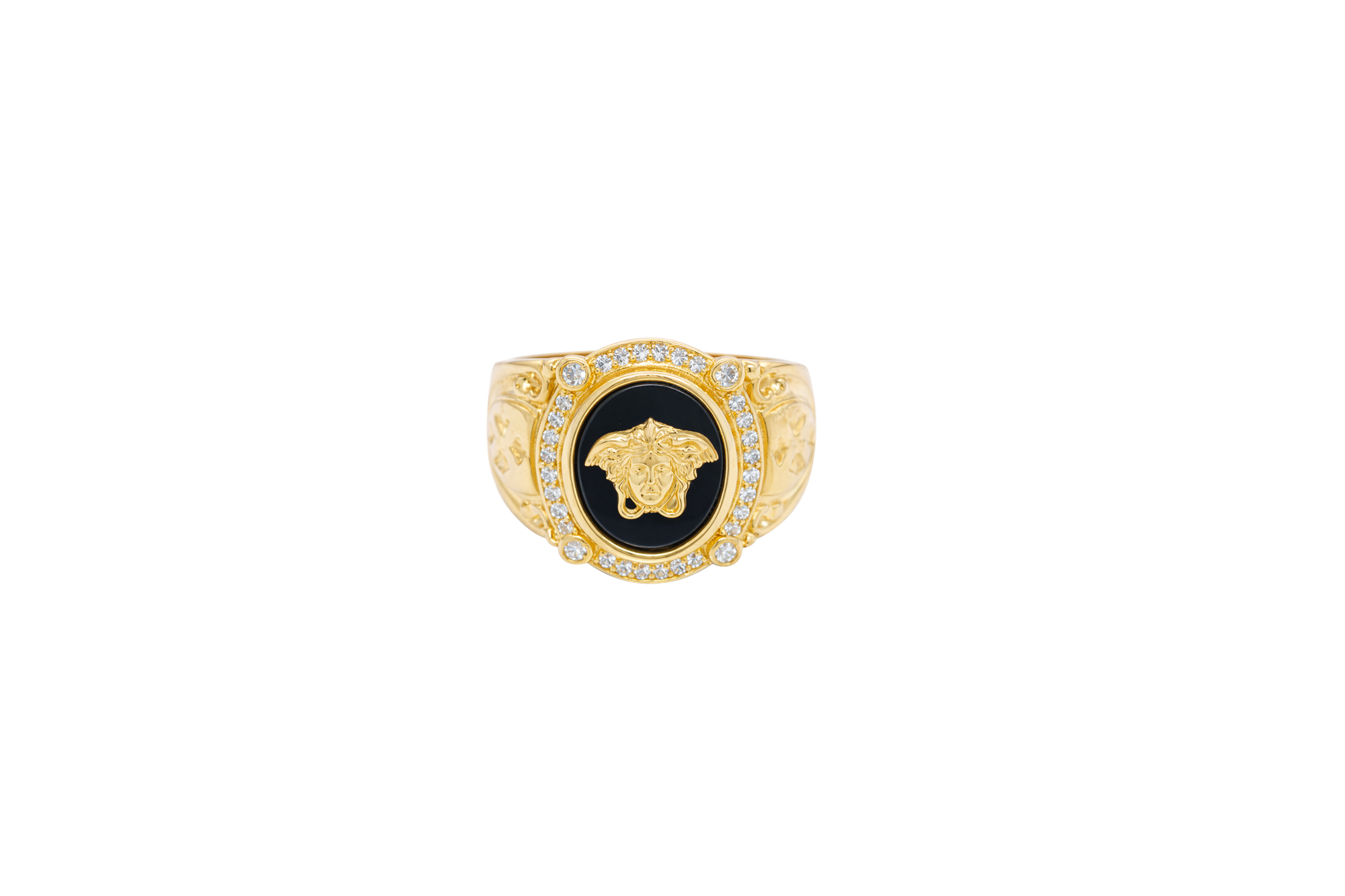 14KT Gold Ring Men's Oval Onyx Medusa Head White CZ Stones Border Side Design Chrome Style Cross