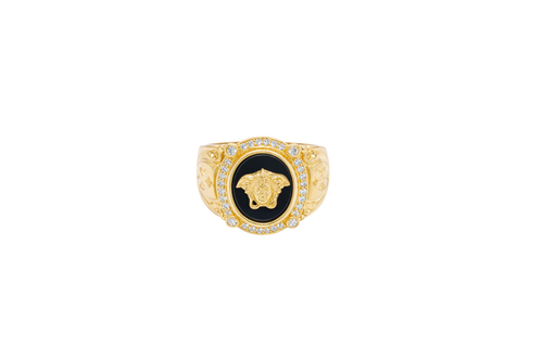 14KT Gold Ring Men's Oval Onyx Medusa Head White CZ Stones Border Side Design Chrome Style Cross