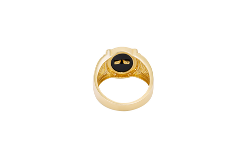 14KT Gold Ring Men's Oval Onyx Medusa Head White CZ Stones Border Side Design Chrome Style Cross