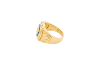 14KT Gold Ring Men's Oval Onyx Medusa Head White CZ Stones Border Side Design Chrome Style Cross