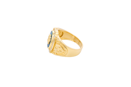 14KT Gold Ring Men's Oval Onyx Medusa Head White CZ Stones Border Side Design Chrome Style Cross
