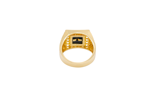 14KT Gold Ring Men's Square Onyx Medusa Head White CZ Top Stones Border Side Design Greek