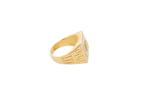 14KT Gold Ring Men's Square Onyx Medusa Head White CZ Top Stones Border Side Design Greek