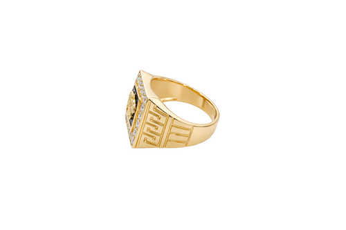 14KT Gold Ring Men's Square Onyx Medusa Head White CZ Top Stones Border Side Design Greek