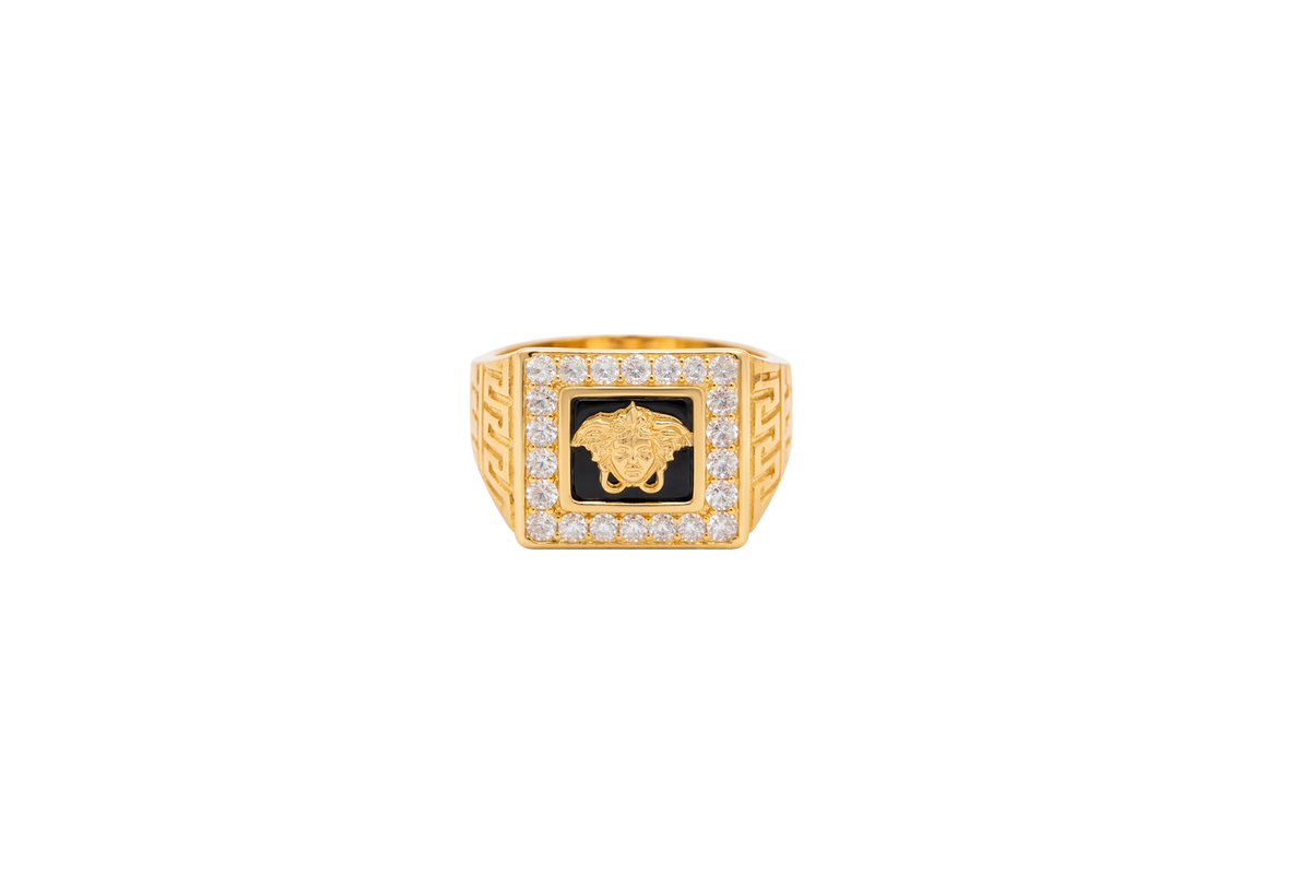 14KT Gold Ring Men's Square Onyx Medusa Head White CZ Top Stones Border Side Design Greek