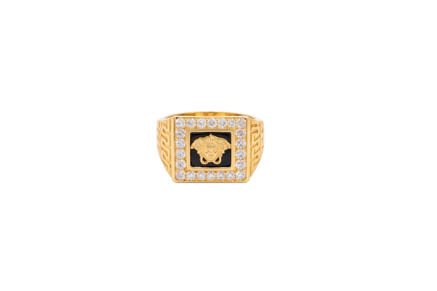 14KT Gold Ring Men's Square Onyx Medusa Head White CZ Top Stones Border Side Design Greek
