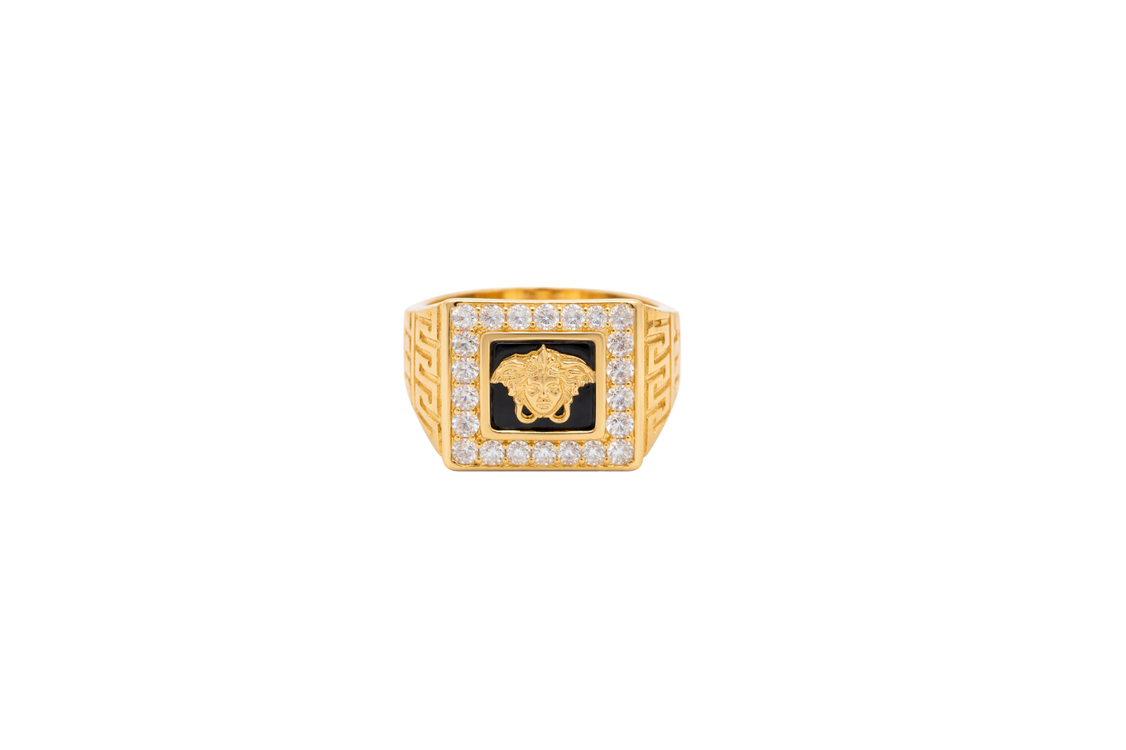 14KT Gold Ring Men's Square Onyx Medusa Head White CZ Top Stones Border Side Design Greek