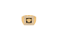 14KT Gold Ring Men's Square Onyx Medusa Head White CZ Top Stones Border Side Design Greek