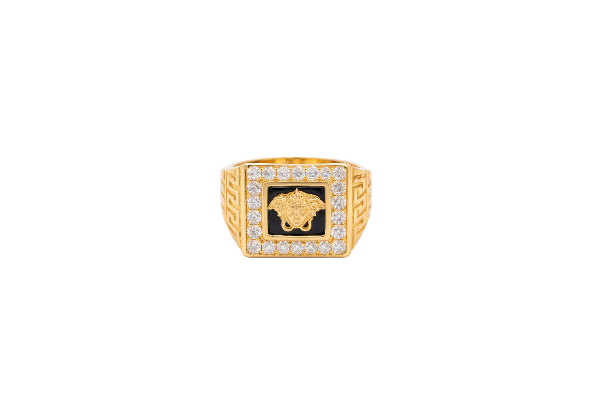 14KT Gold Ring Men's Square Onyx Medusa Head White CZ Top Stones Border Side Design Greek