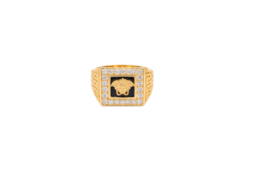 14KT Gold Ring Men's Square Onyx Medusa Head White CZ Top Stones Border Side Design Greek