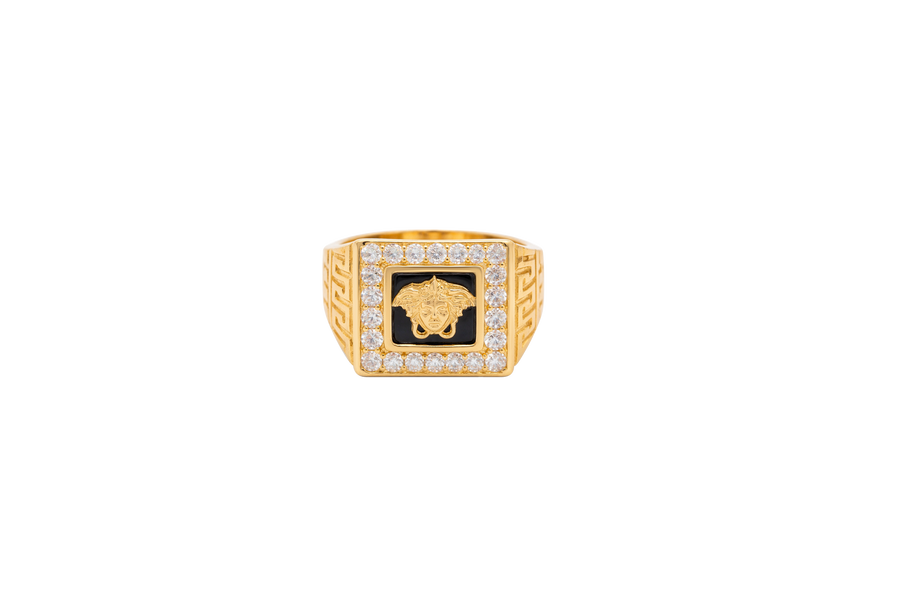 14KT Gold Ring Men's Square Onyx Medusa Head White CZ Top Stones Border Side Design Greek