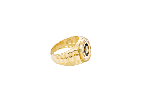 14KT Gold Ring Men's Mini Round Onyx Backed White CZ Stone White CZ Stone Border Side Design Jubilee