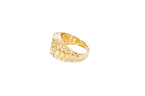 14KT Gold Ring Men's Mini Round Onyx Backed White CZ Stone White CZ Stone Border Side Design Jubilee