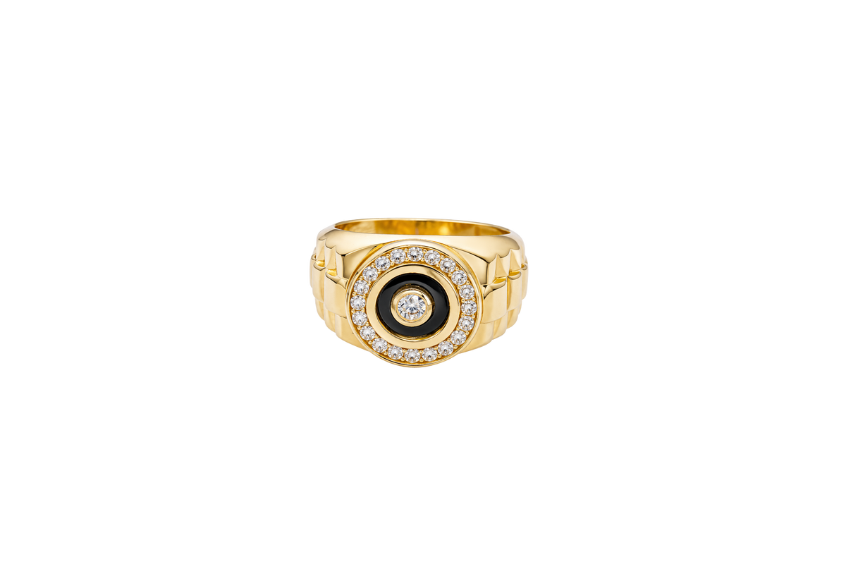 14KT Gold Ring Men's Mini Round Onyx Backed White CZ Stone White CZ Stone Border Side Design Jubilee