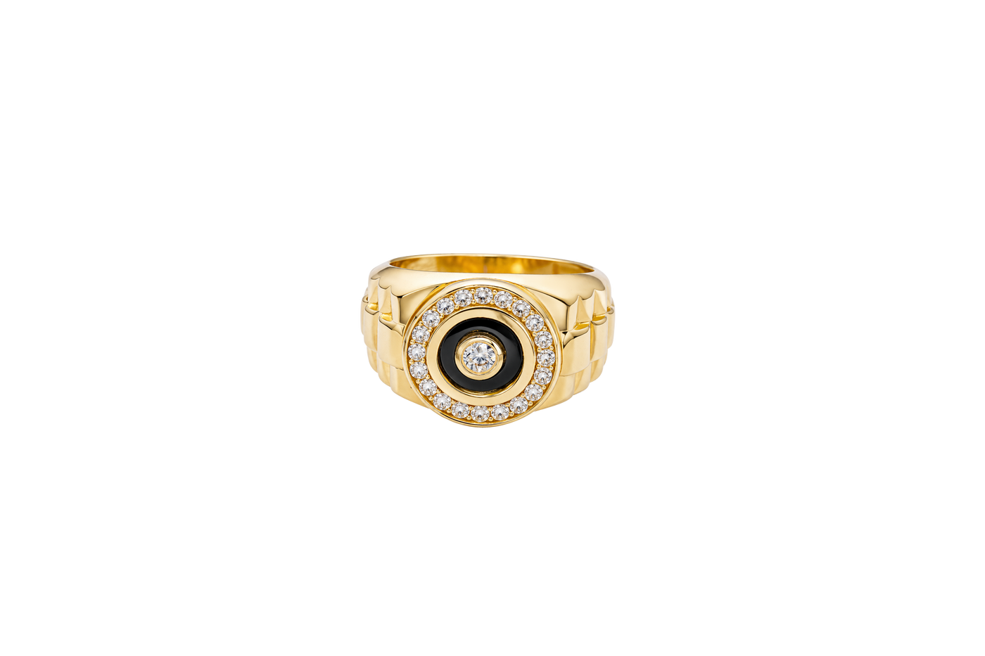 14KT Gold Ring Men's Mini Round Onyx Backed White CZ Stone White CZ Stone Border Side Design Jubilee