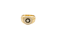 14KT Gold Ring Men's Mini Round Onyx Backed White CZ Stone White CZ Stone Border Side Design Jubilee