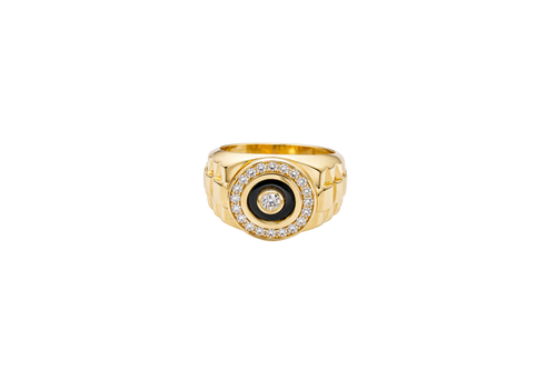 14KT Gold Ring Men's Mini Round Onyx Backed White CZ Stone White CZ Stone Border Side Design Jubilee