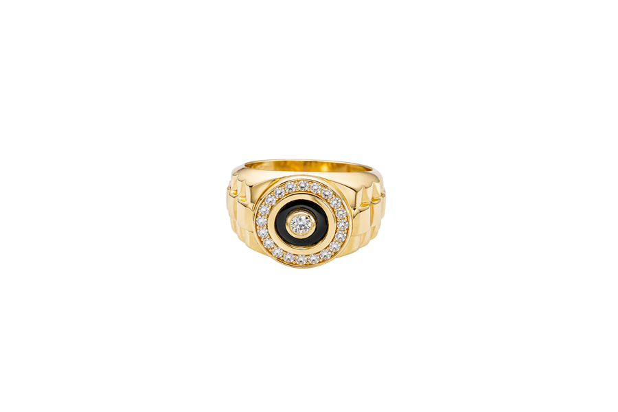 14KT Gold Ring Men's Mini Round Onyx Backed White CZ Stone White CZ Stone Border Side Design Jubilee