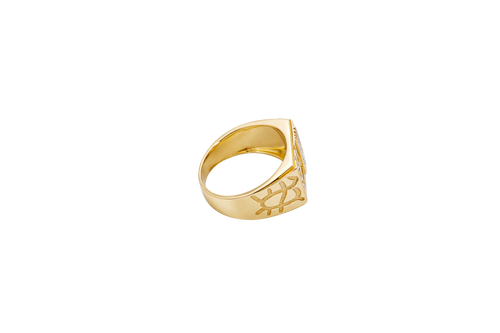 14KT Gold Ring Unisex Square Nugget with White CZ Stone Stripe