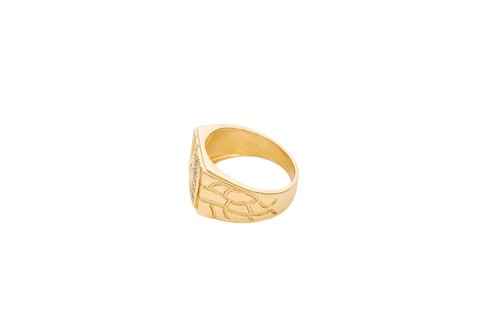 14KT Gold Ring Unisex Square Nugget with White CZ Stone Stripe