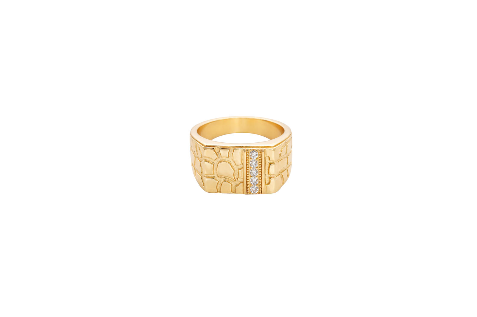 14KT Gold Ring Unisex Square Nugget with White CZ Stone Stripe