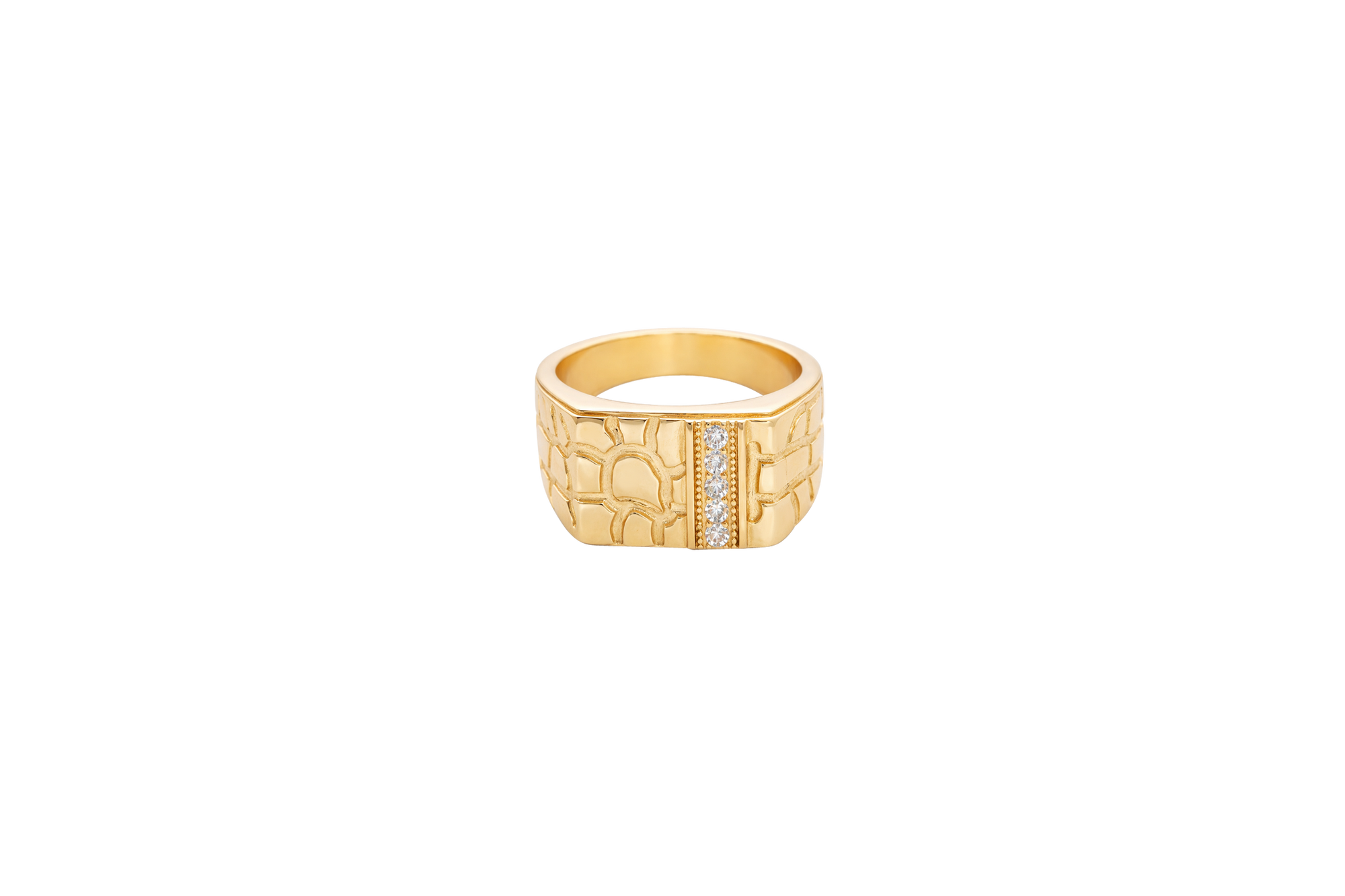 14KT Gold Ring Unisex Square Nugget with White CZ Stone Stripe