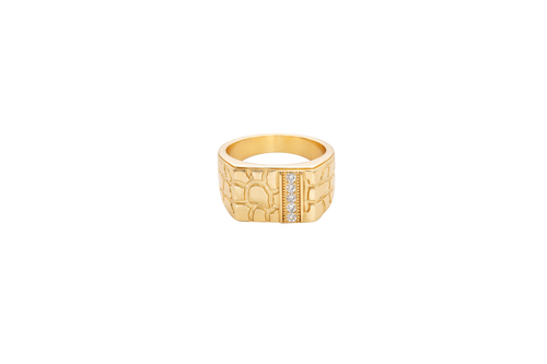 14KT Gold Ring Unisex Square Nugget with White CZ Stone Stripe