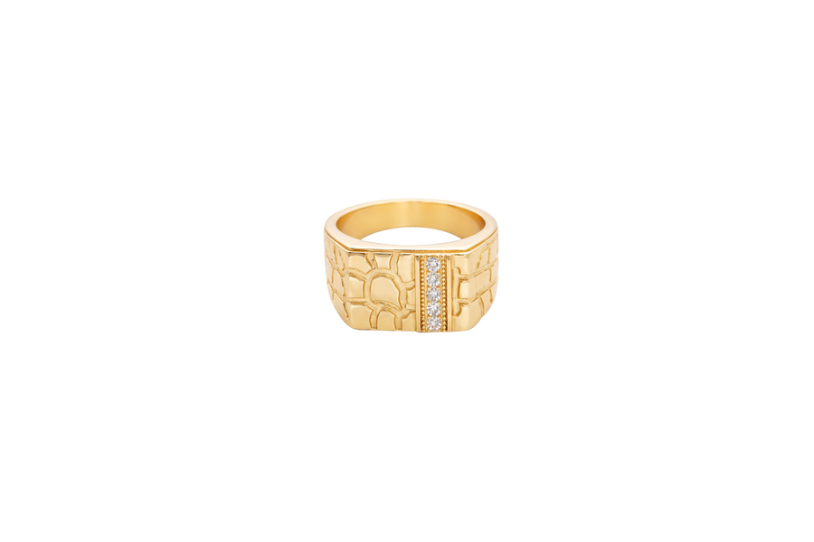 14KT Gold Ring Unisex Square Nugget with White CZ Stone Stripe