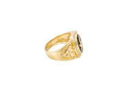 14KT Gold Ring Men's Oval Marijuana Leaf/Onyx with White CZ Stones Side Design Cross on Shield