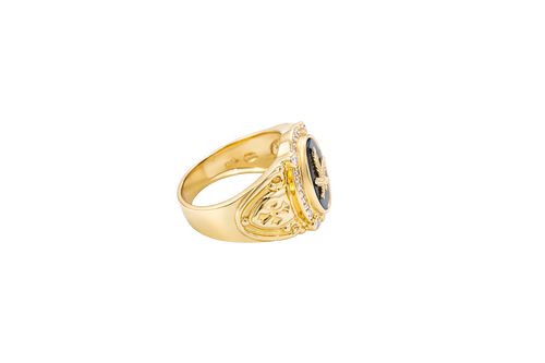 14KT Gold Ring Men's Oval Marijuana Leaf/Onyx with White CZ Stones Side Design Cross on Shield