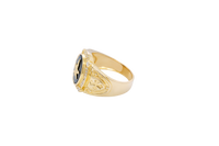 14KT Gold Ring Men's Oval Marijuana Leaf/Onyx with White CZ Stones Side Design Cross on Shield