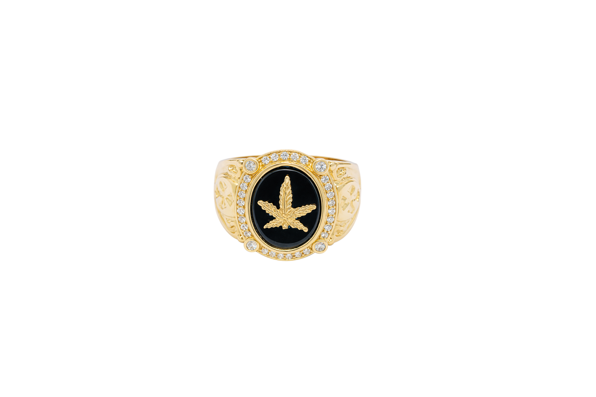 14KT Gold Ring Men's Oval Marijuana Leaf/Onyx with White CZ Stones Side Design Cross on Shield